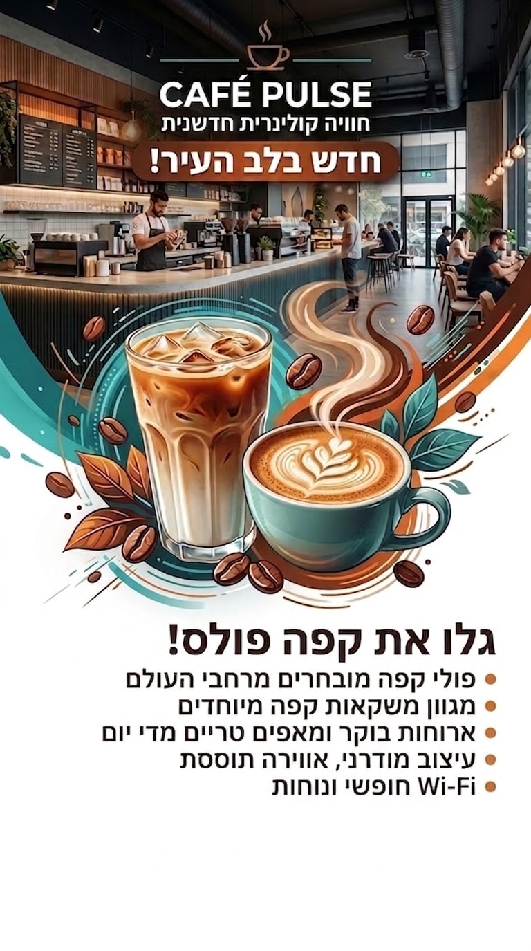 פלייר לבית הקפה CAFÉ PULSE - כותרת חדש בלב העיר, איור של קפה קר וקפוצ'ינו, ורשימת תועלות: פולי קפה מובחרים, ארוחות בוקר, עיצוב מודרני ו-Wi-Fi חופשי